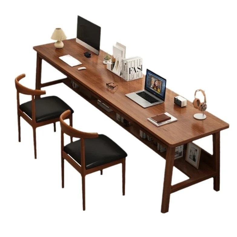 Against the wall, narrow table, rectangular office, double desk, home study, solid wood leg computer desk