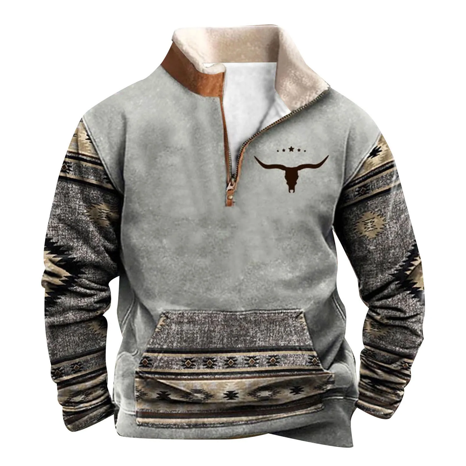 

Men Vintage Ethnic Print Hoodie Winter Fleece Thicken Graphic Stand-Up Collar Sweatshirts Oversized Warm Retro Pullovers Tops