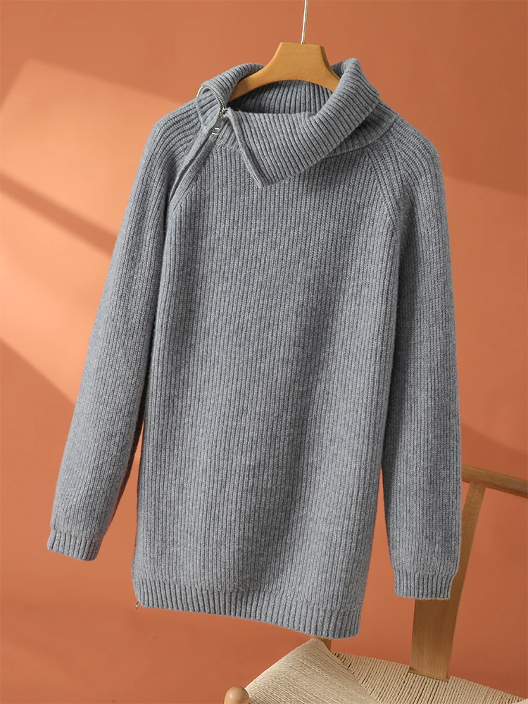 New 100% Goat Cashmere Women Turn-down Collar Sweater Slant Zipper Pullover Autumn Winter Thick Casual Loose Knit Clothing Tops