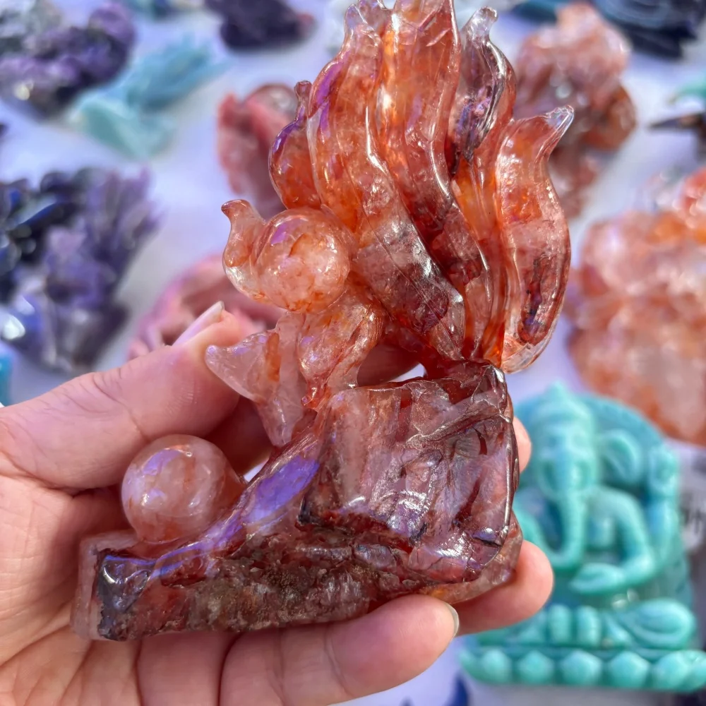 1PCS Red Fire Quartz Nine-Tailed Fox Carving Polished Natural Energy Stone Reiki Healing Feng Shui Room Decor Gift