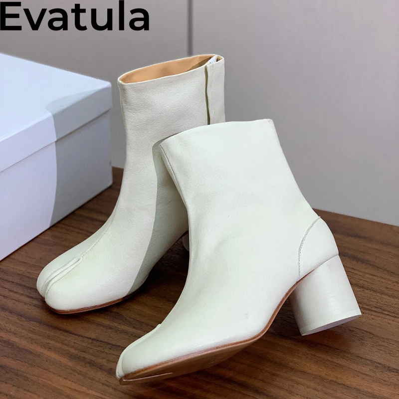 2024 Autumn High Quality Split Toe Round Mid Heels Ankle Boots Women Retro Real Leather Chelsea Boots Fashion Short Boots Femme