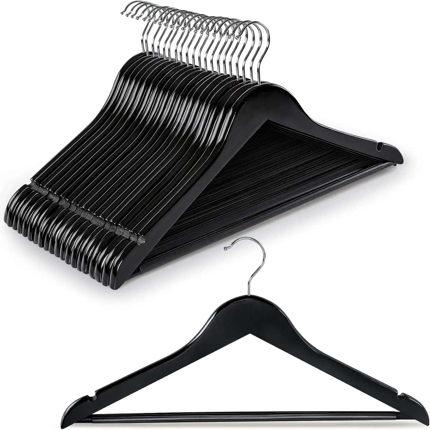 

20 Pack Black Wooden Hangers with Non-Slip Pants Bar, 360° Swivel Hook and Shoulder Notches for Closet Organization