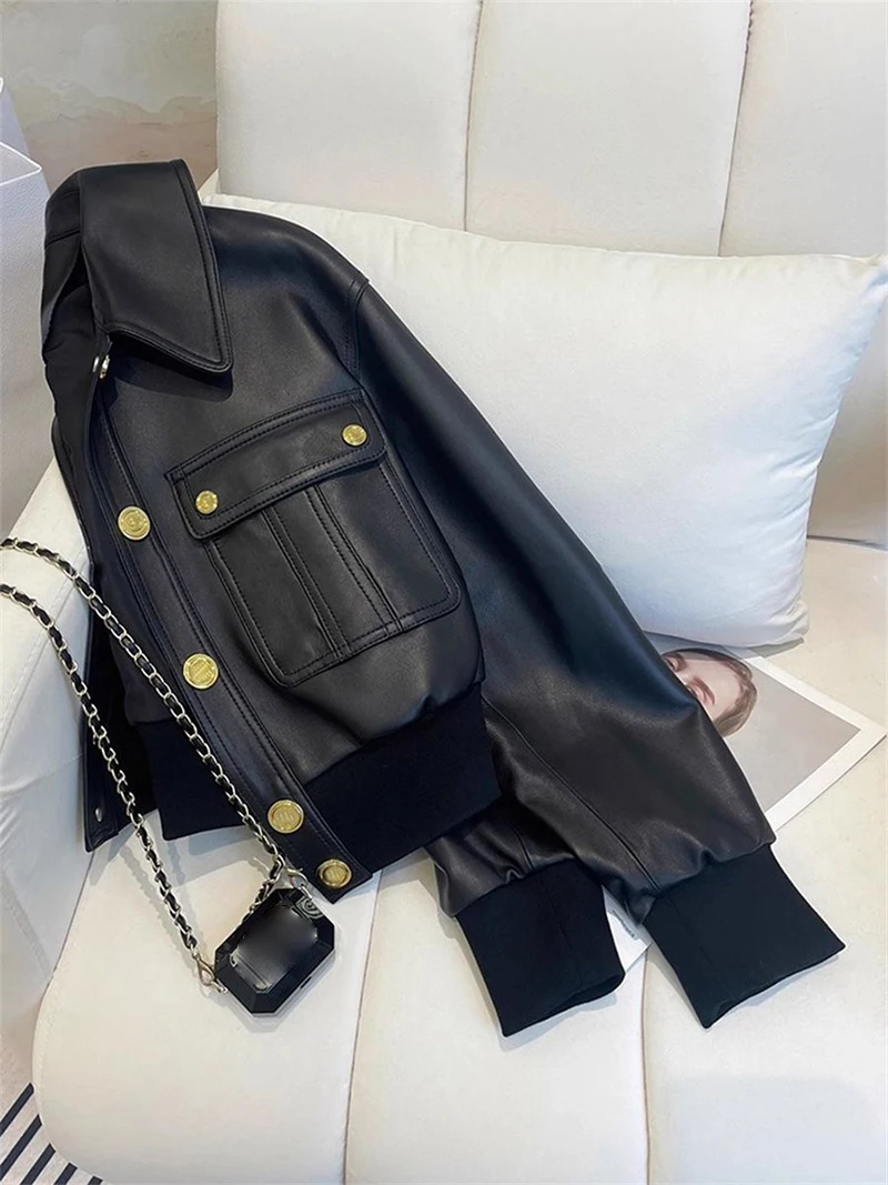 Chic Black Lapel Women Jacket Gold Buttons Flap Pockets Moto Short Coat Cropped Ribbed Trim Y2K Biker Streetwear Outerwear Top