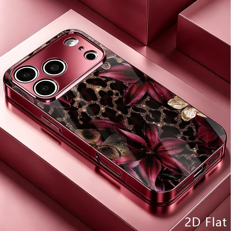 Purple Lily with Leopard Print Electroplated Glass Case Compatible with iPhone 11 12 13 14 15 16 17 and 18 Series Max Pro Plus