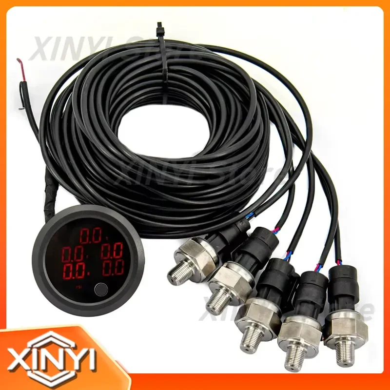 for 52mm Five Display Dual Air Suspension Pressure Gauge Meter Air Ride Gauge with 5pcs 1/8NPT Sensors New for Manufacturing