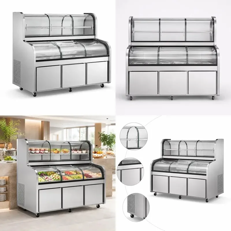 Countertop Cooked Food Display Cabinet Curved Glass Raw Meat Showcase Refrigerator with Bottom Storage