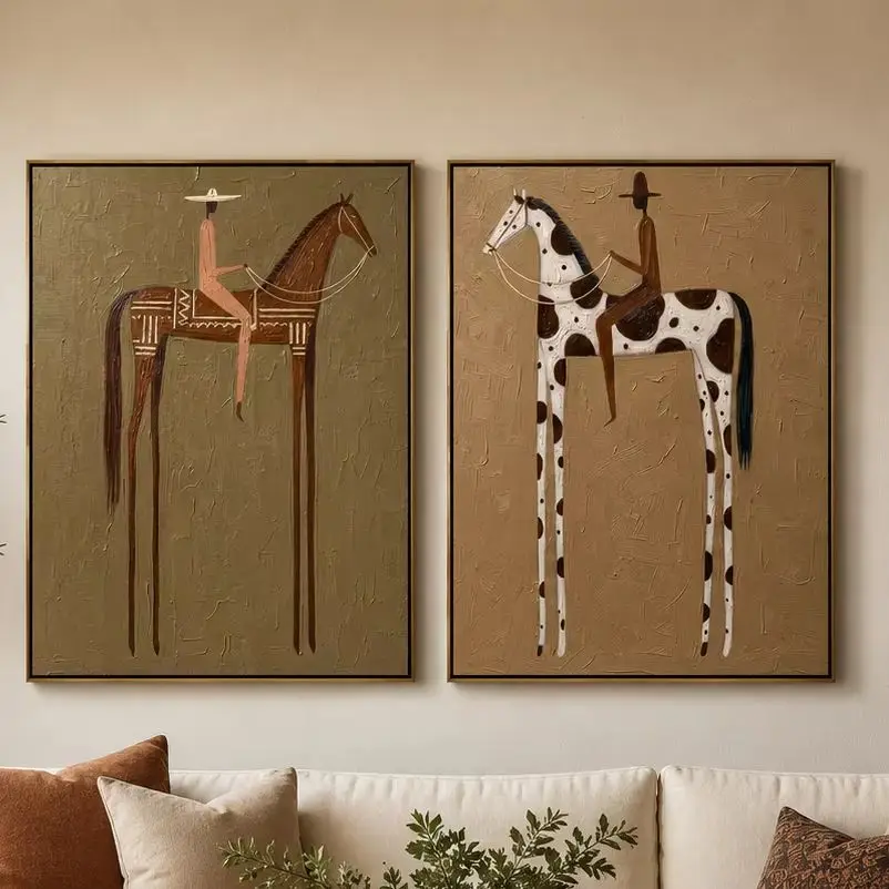 Gold Terrain Diptych – Vintage Americana Two Folk Riders Zweiteiliges Gemälde |   Landhaus-Wohnzimmerkunst für Schlafzimmer, Wohnzimmer