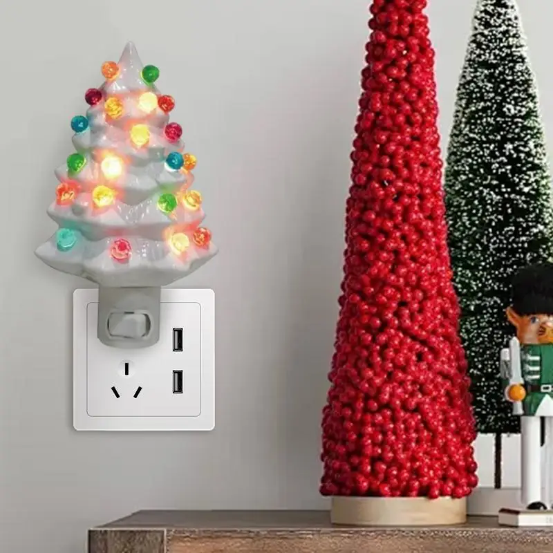 Ceramic Christmas Tree Night Light, LED Wall Swivel Plug in Night Lamp, Artistic Holiday Decorations for Bedroom