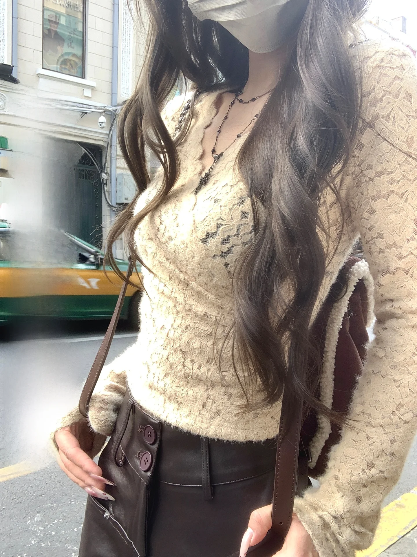 

Ruched Long Sve Lace Design Base irt Women's Inner Wear Nylon Fabric V-Ne Skin-Friendly Breathable Pure Color Autumn W...