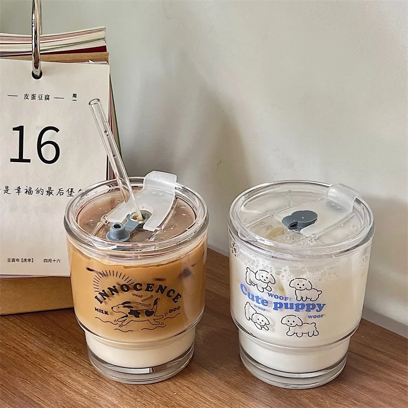 350ML Cartoon Dog Glass Cup With Lid and Straw Transparent Glasses Juice Milk Tea Cups Iced Coffee Mug Glass Water Cup Drinkware