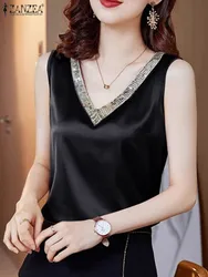 ZANZEA Sequins V-neck OL Work Party Shirts Women 2024 Fashion Stylish Summer Sleeveless Satin Blouses Elegant Solid Color Tops