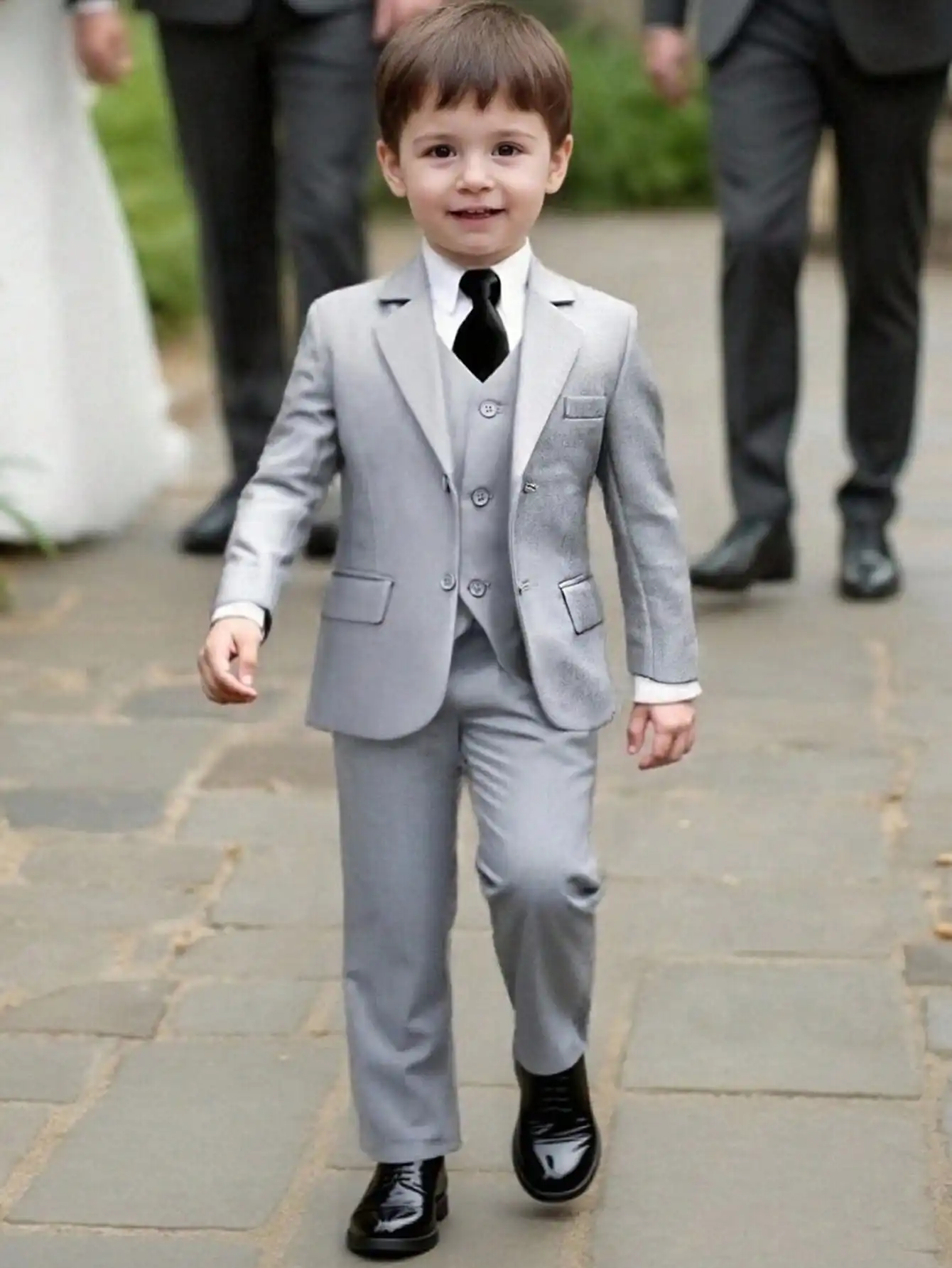 

4-Piece Light Gray Formal Suit Set for Boys, Includes Jacket, Vest, Pants & Tie