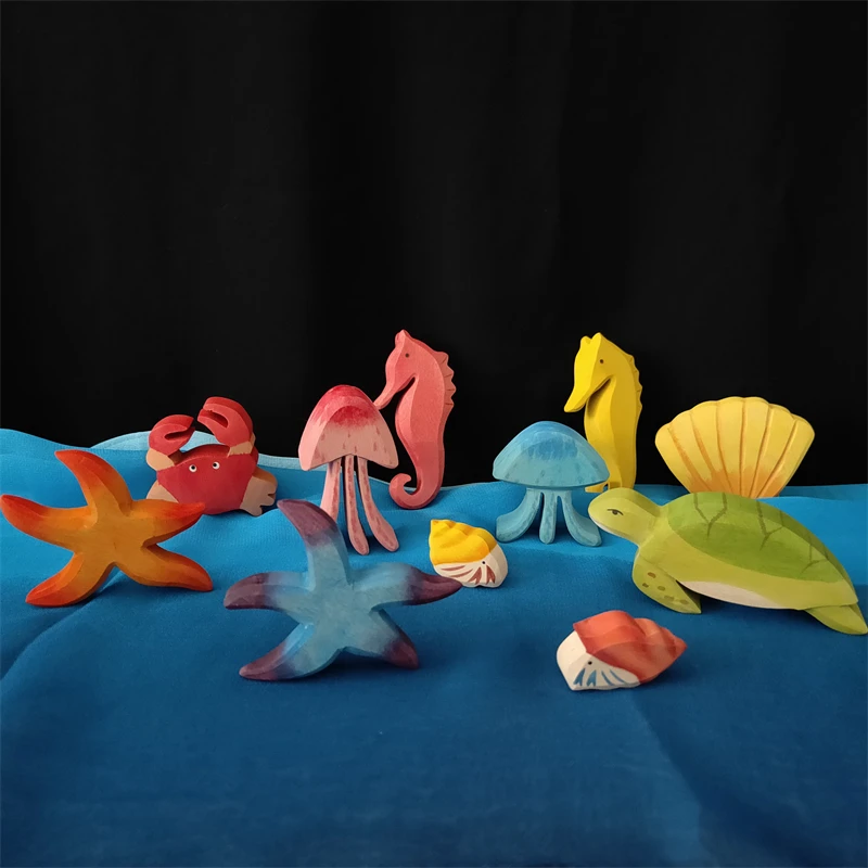 Wooden Ocean Animals Figures Kids Waldorf Educational Toys Handmade Fish Dolphin Shark Static Ornament Scene Construction Block