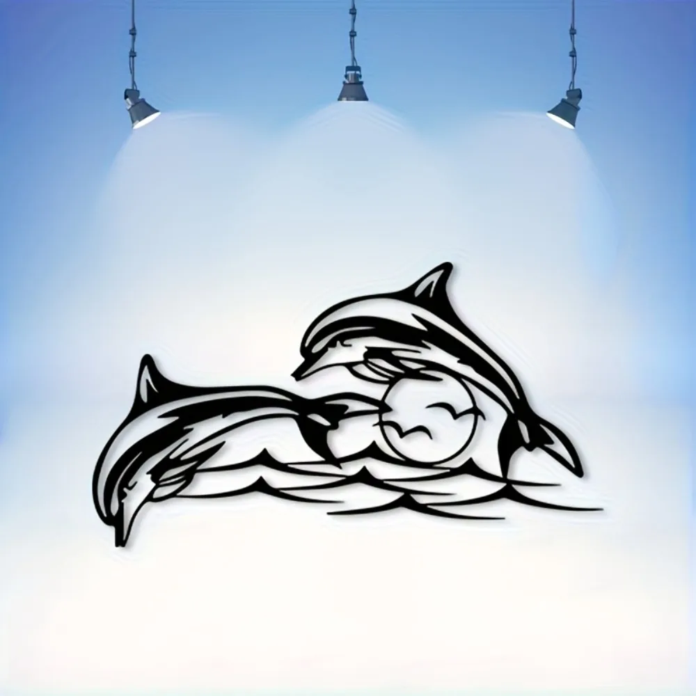 Vintage Leaping Dolphin Metal Wall Art, Black Powder-Coated Iron Sculpture for Home, Ocean Theme Decor, Rustproof Outdoor