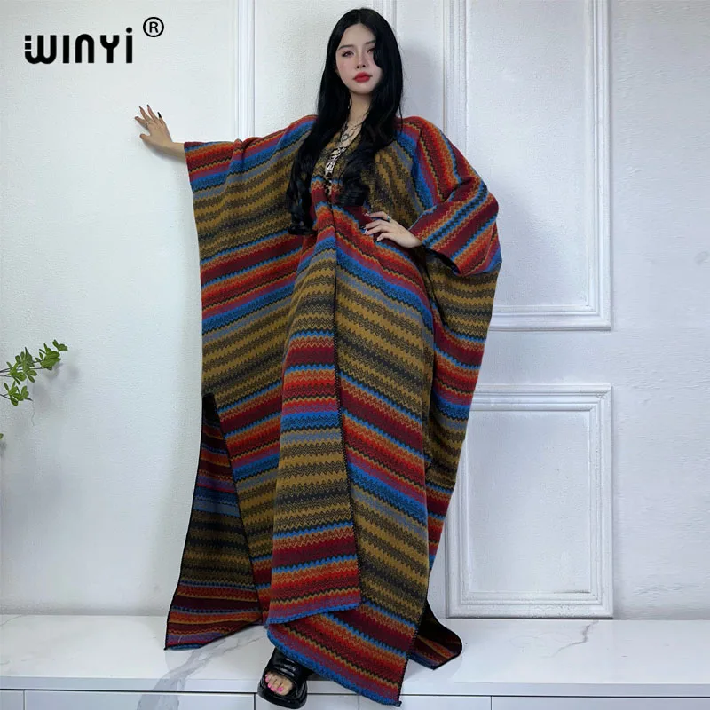 

WINYI Africa winter dress for women Luxury Fur Loose OverCoat kaftan long down coat fashion cardigan Middle East winter abaya