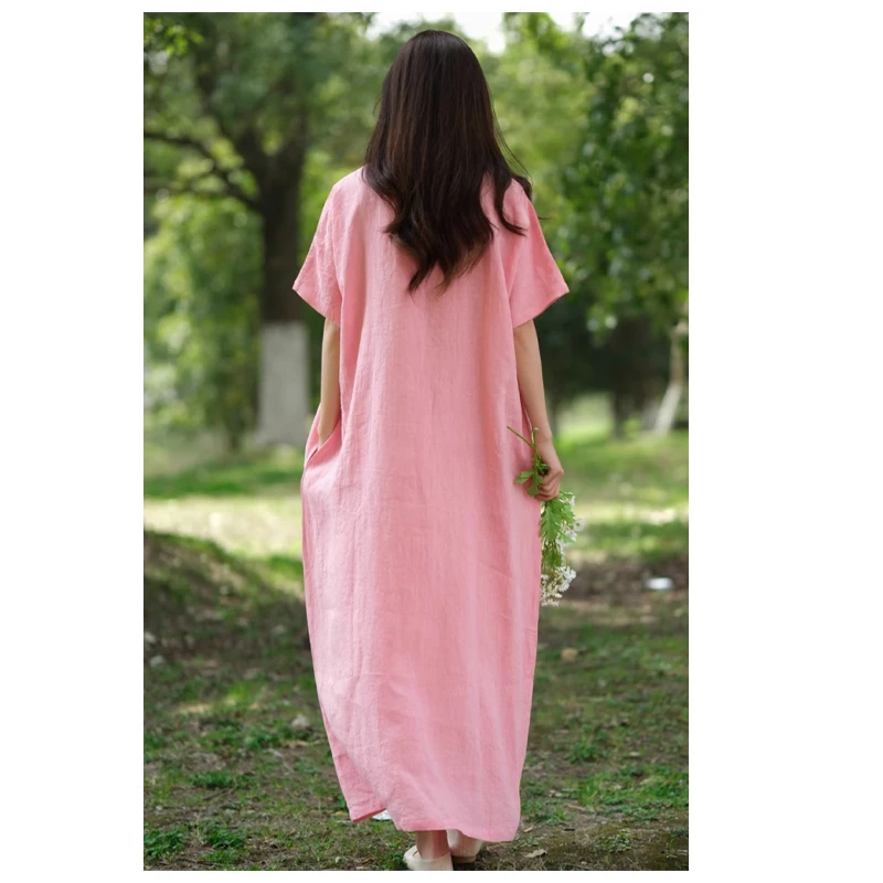 100% Linen Spring Summer Women Short Sleeve V-neck Dress Pink and Nude Long Skirt Refreshing Loose Plus Size Fat Girl 3XL 100KG