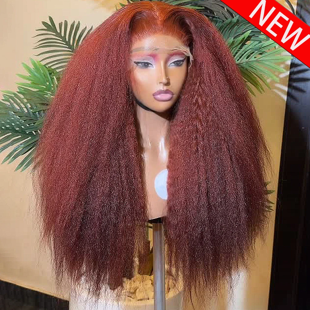 

Reddish Brown Kinky Straight Frontal Human Hair Wigs 13x6/360 HD Lace Front Wigs 16-36 Inch For Women 450 High Density For Women