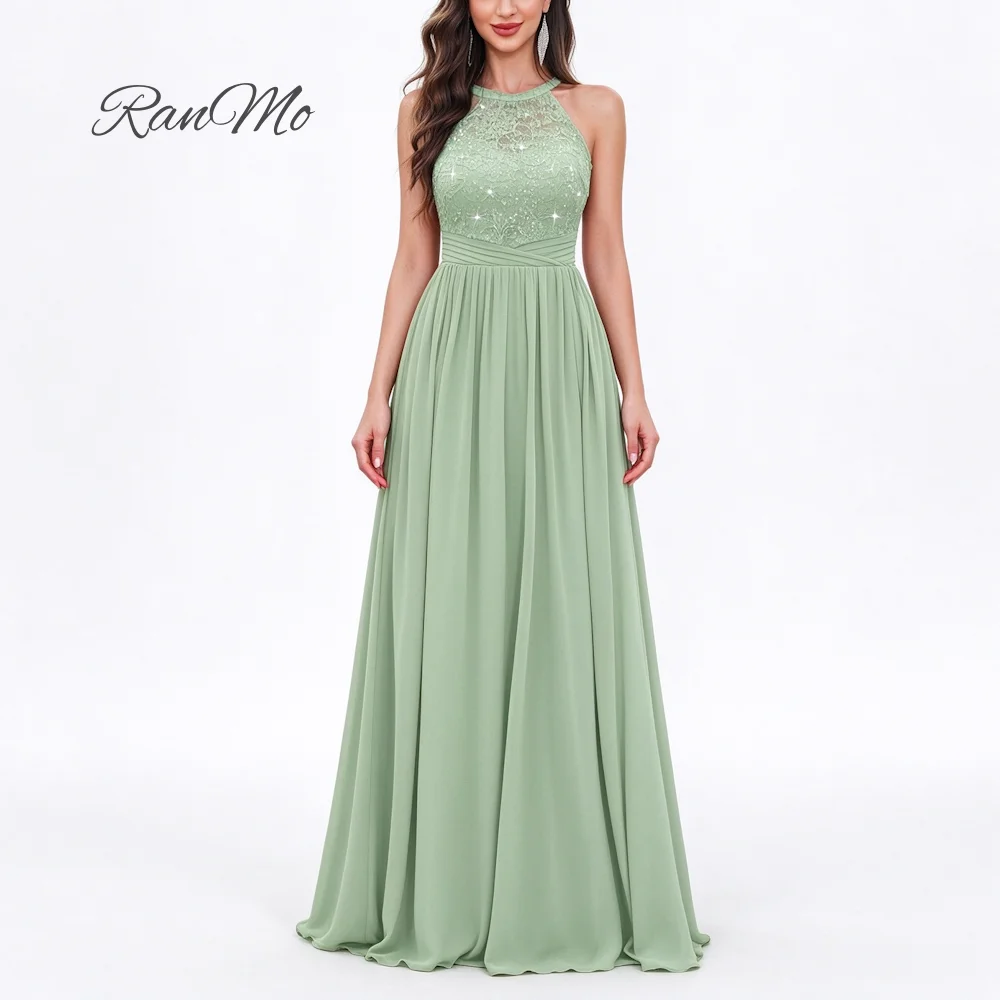Customizable RanMo Sage Green Halter A-Line Bridesmaid Dress Chiffon Lace Sequin Bodice Keyhole Back Floor Length Evening Gown