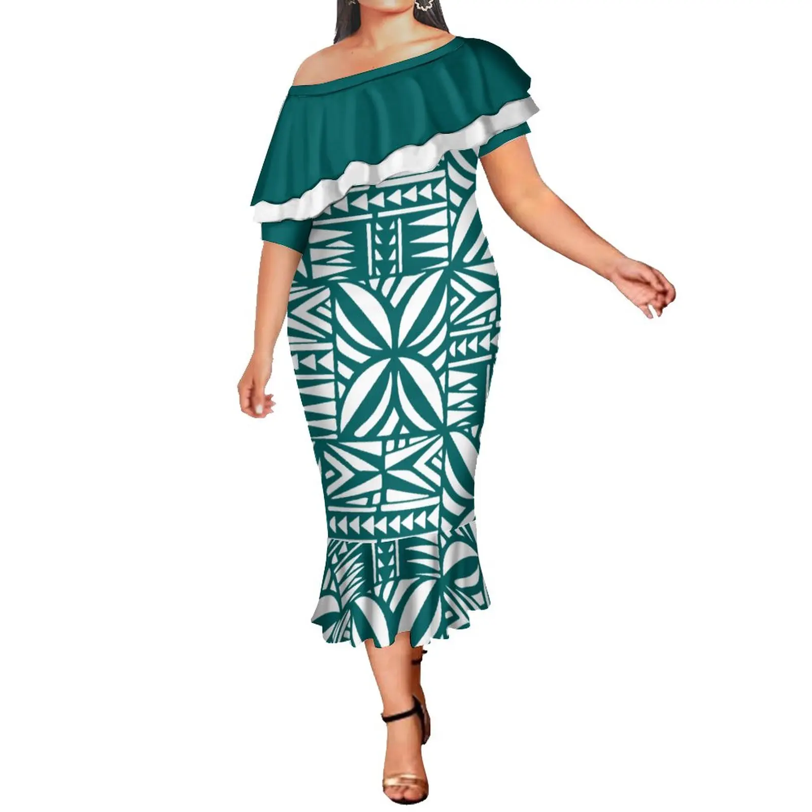 Peplum Dress Woman Polynesian Dress Mermaid Ruffle Bottom Samoa Print Wrap Style Dress Red Samoa Dress Dress Green Peplum