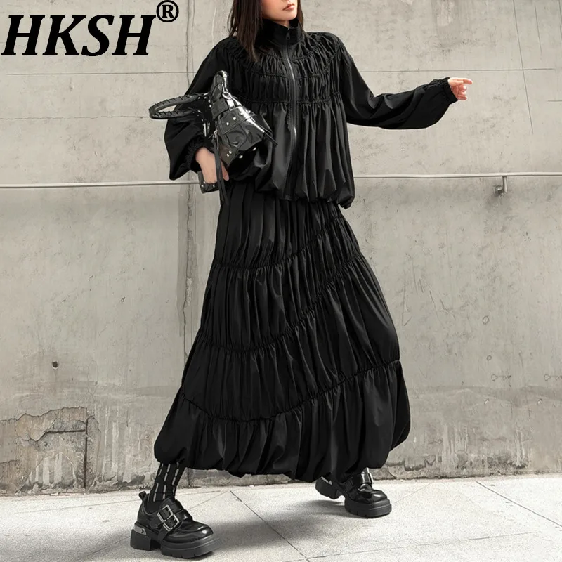 

HKSH весна осень новый женский повседневный комплект с воротником-стойкой на молнии плиссированная куртка с эластичной резинкой на талии универсальная юбка элегантный тренд HK17966