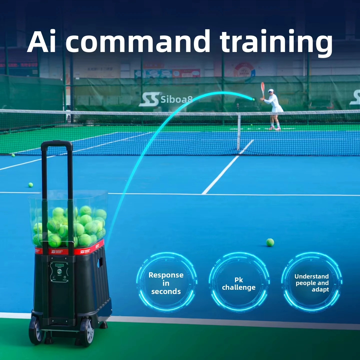 2026 Artificial Intelligence Tennis Serve Machine Intelligent Voice Control Foldable Tennis Trainer, Which Can Provid