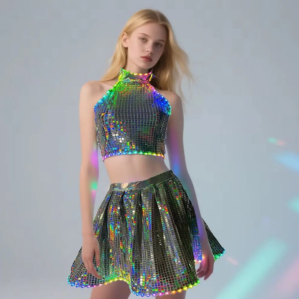 

Women's LED Remote Control Sequin Mini Dress, Halter Backless Dress, Party Clubwear, Slim Sleeveless, Sexy, 2 Piece Set
