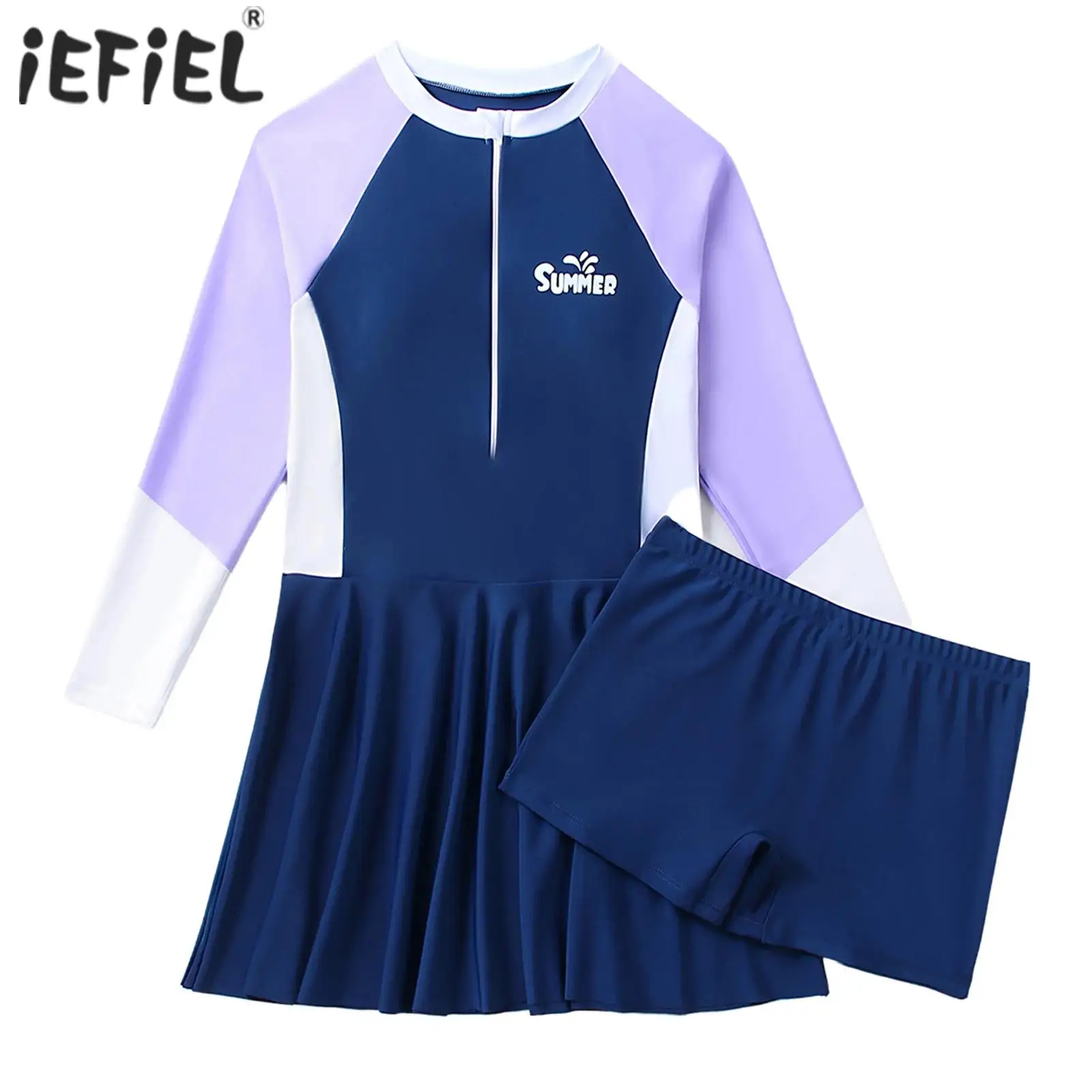 

Kids Girls Rash Guard Swimsuit Modest Swim Set Long Sleeve Swimwear Dress with Shorts for Summer Beach Holiday Swim Practice