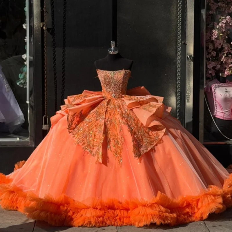 

Shiny Orange Quinceanera Dress crystal glitter Decal Long tail Lace layering Big Bow Vestidos De 15 Quinceanera ﻿Customize