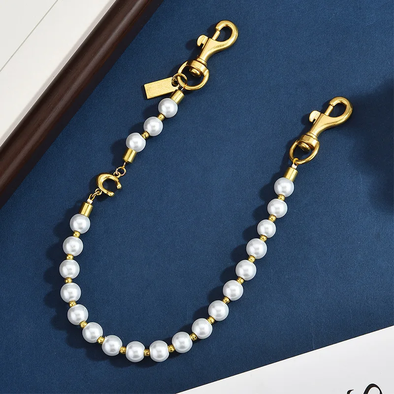 Luxury Pearl Chain Purse Charm Keychain Detachable Handbag Strap with Initial C Letter Fashion Bag Accessories Gifts for Women