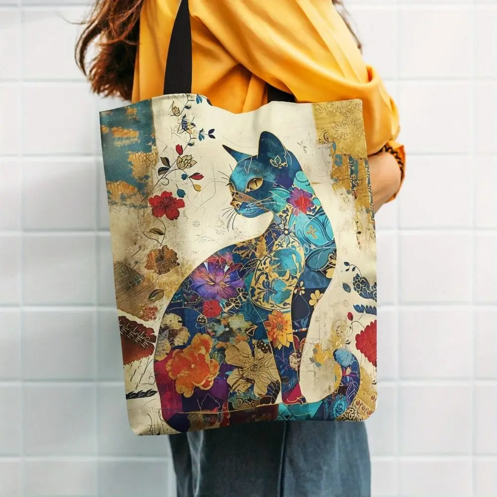 Trendy Floral Cat Pattern Tote Bag Aesthetic Canvas Lightweight School Shoulder Bag Gift Portable Grocery Shopping Bag