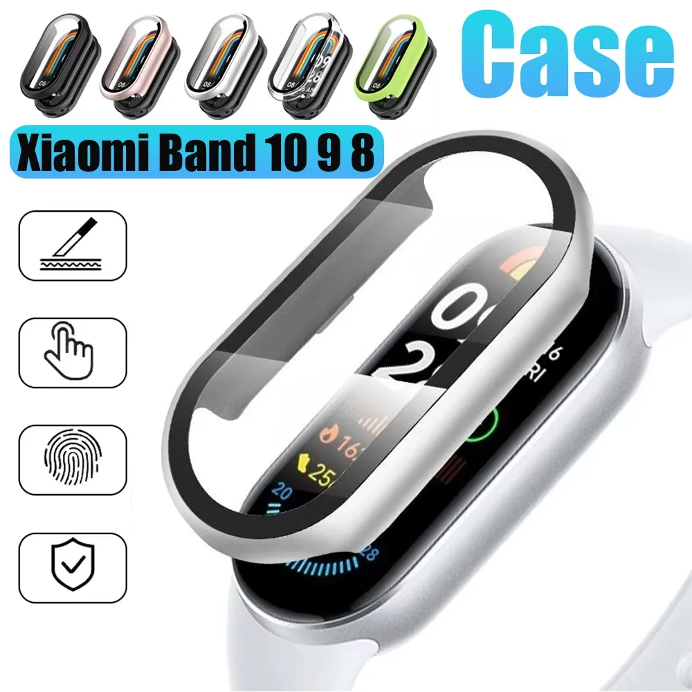 HD Tempered Glass+PC Case for Xiaomi Band 10 9 8 NFC Shell Membrane Integration Case for Mi Band 10 9 8 Upgraded Protector Cover