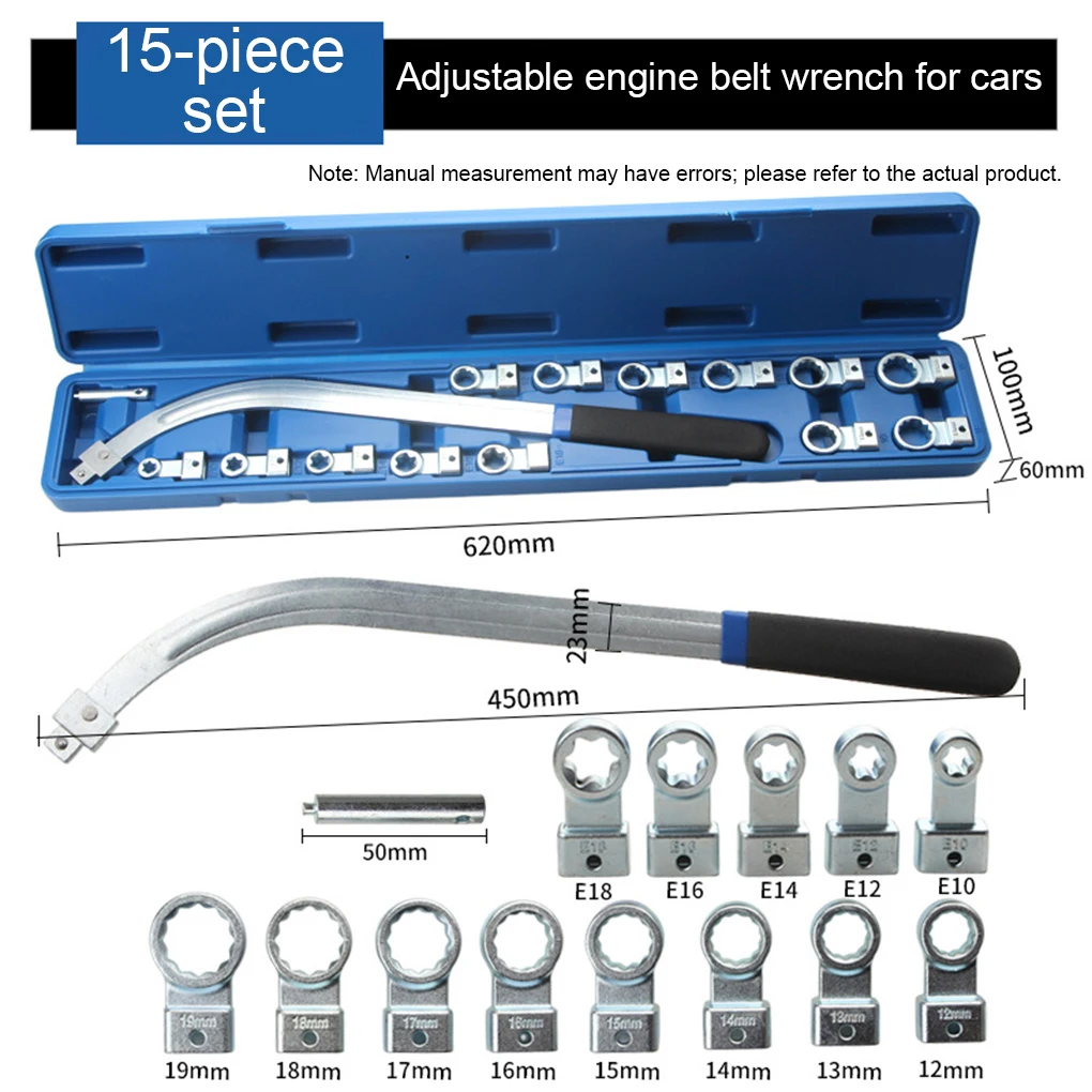 Universal Idler Pulley Tensioner Removal Tool Kit 12-Point 12-19mm E10-E18 Drive Adapters Engine Belt Adjustment Wrench Set