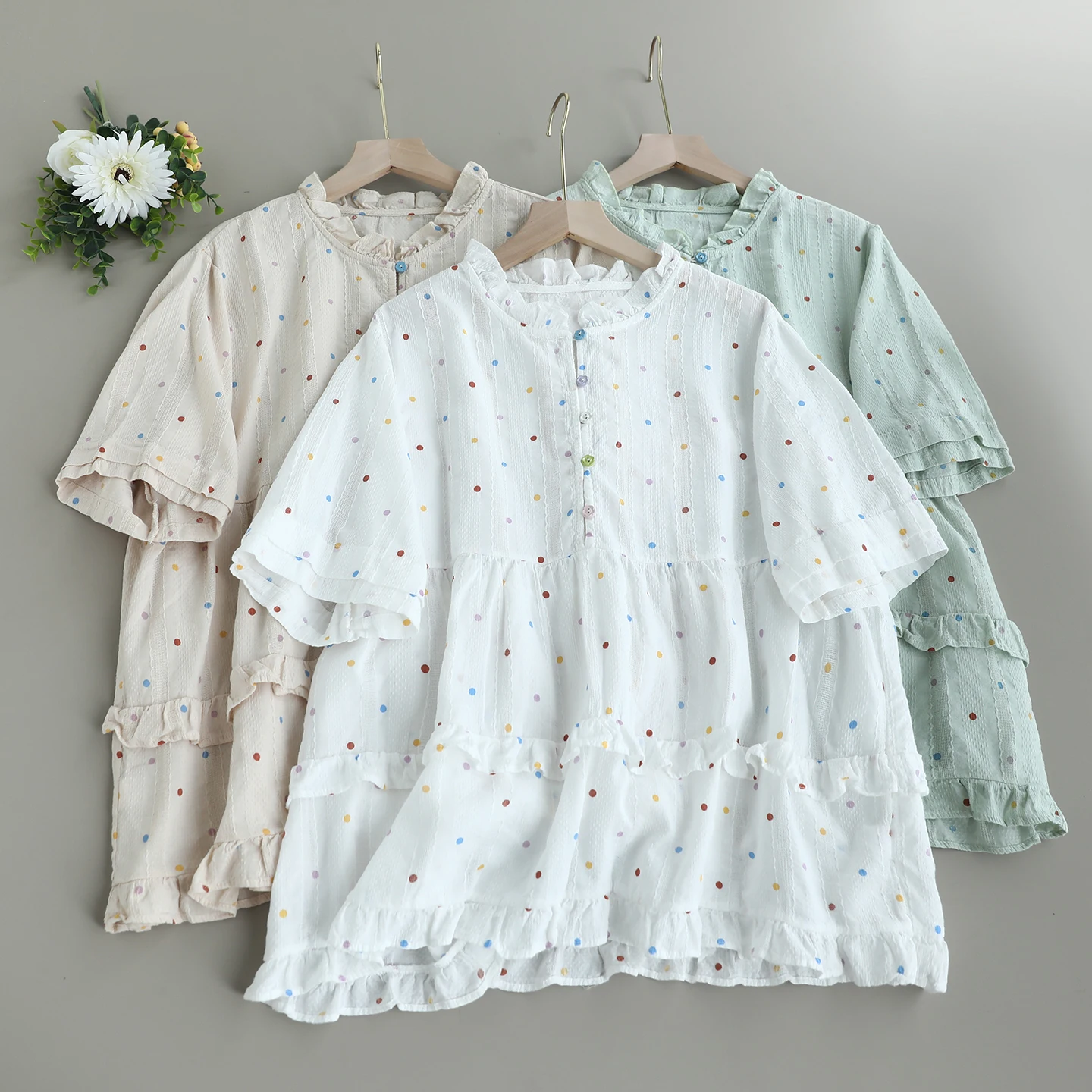 

Japanese Sweet Mori Girl Vintage Colorful Dot Print Ruffled Shirt Women Summer Stand Collar Short Sleeve Casual Loose Blouse Top