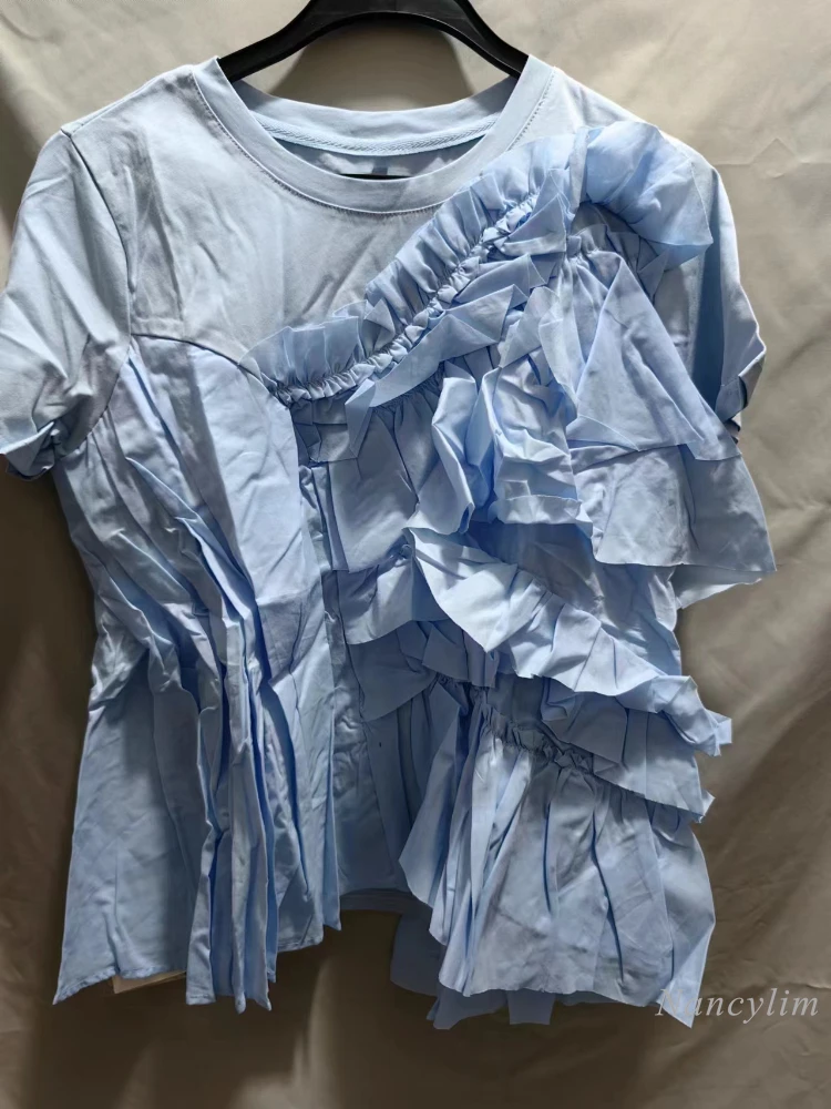 Camiseta de manga curta de pérola grande feminina, Tops de algodão soltos, babados com costura em renda, novo, verão, 2022