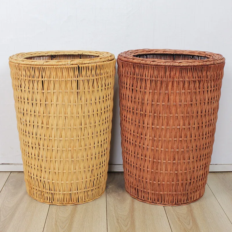 Simple Office Waste Paper Basket Round Uncovered Household Living Room Bedroom Study Bamboo and Rattan Woven Waste Bins