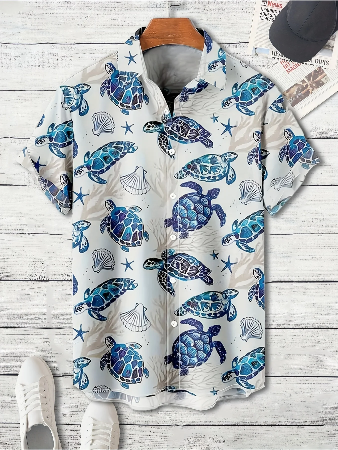 14 coconut tree print lapel fashion men's shirt 2024 men's seaside resort casual style men's short-sleeved shirt