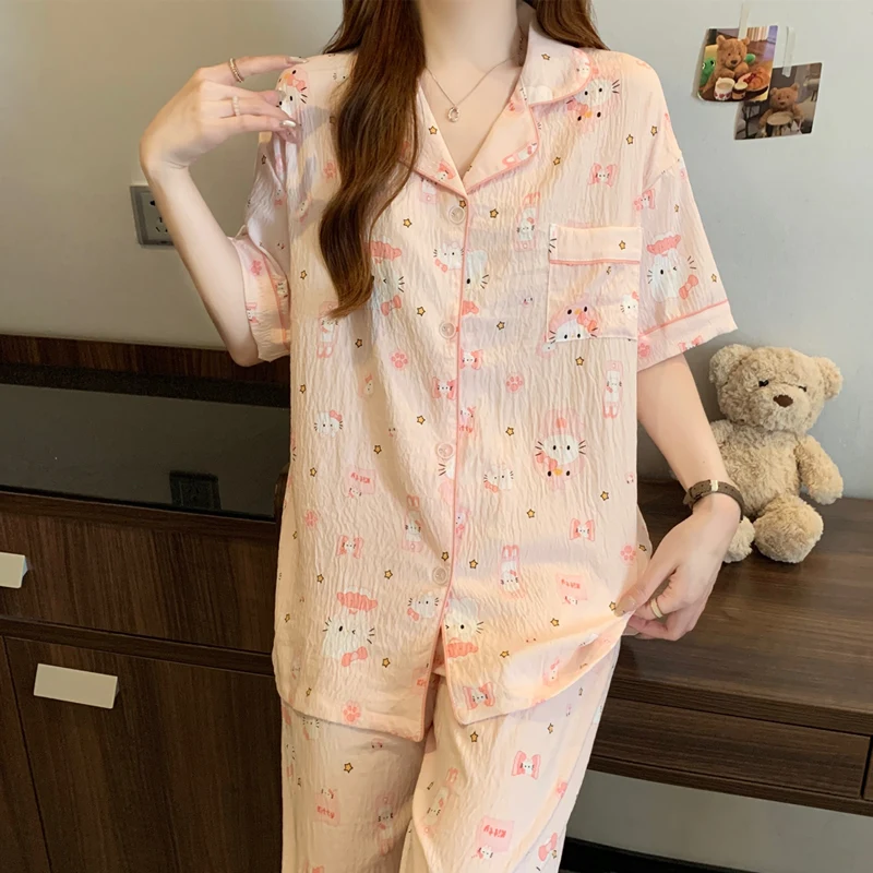 Летние брюки с короткими рукавами, милые повседневные пижамы KT с рисунком кота, женский комплект домашней одежды