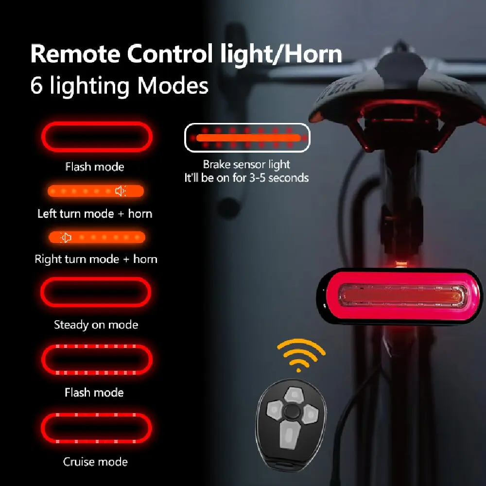Brake Sensor Bike Rear Light Wireless Remote Control Bicycle Turn Signal Taillight Cycling Red and Yellow Lamp for MTB Road Bike