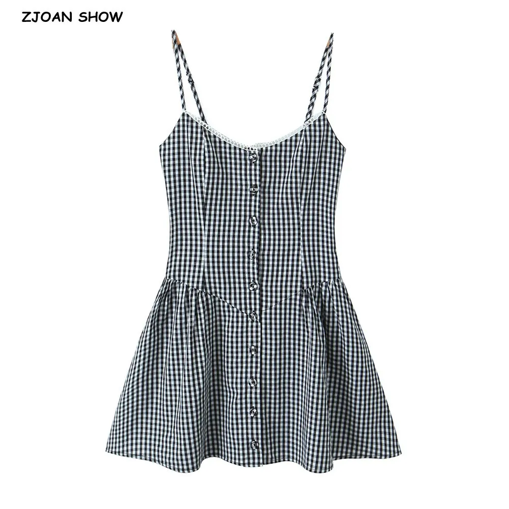 2025 Sexy Gingham Plaid Spliced Lace O neck Mini Sling Dress Women Open Through Buttons Low Waist Swing A line one-piece Dresses