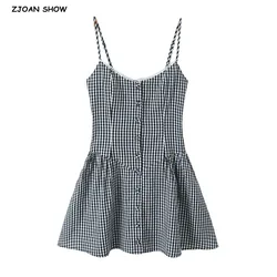 2025 Sexy Gingham Plaid Spliced Lace O neck Mini Sling Dress Women Open Through Buttons Low Waist Swing A line one-piece Dresses