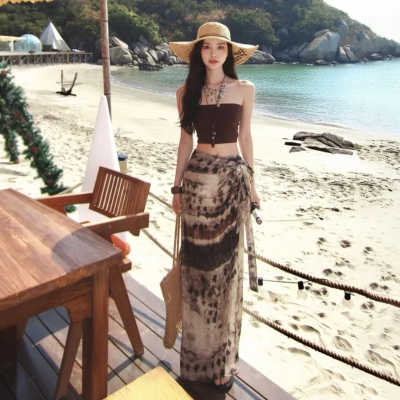 Thailand Sanya Sexy Swimsuit Women's Beach Vacation Summer Strapless Top Tie Dye Slit Tie Irregular Half Skirt Three Piece Set