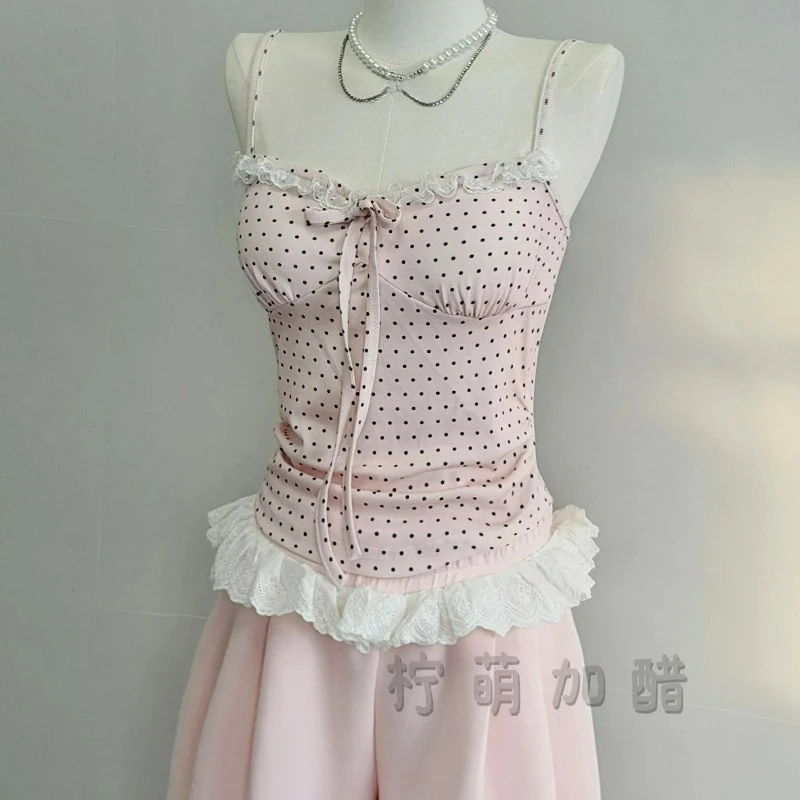 Women Korean Pink Hooded Cardigan Sweatshirt Polka Dot Sling Vest Lace Wide-leg Pants Casual Three-piece Suit Female Autumn New view 4
