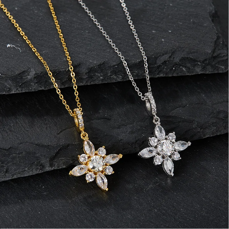 

S925 Silver 18K Gold Plated D Color Snowflake Moissanite Pendant Necklace, Elegant Winter Fine Jewelry Gift