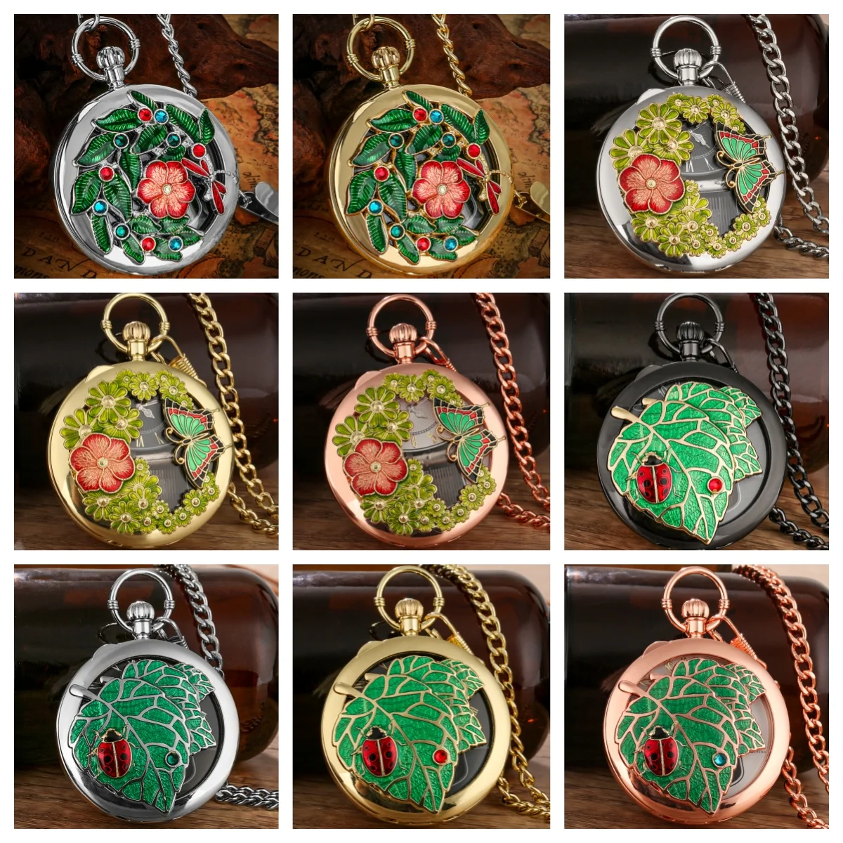 ヴィンテージチャーム-カラフルな花の葉模様のクォーツ式懐中時計-キャッスル・イン・ザ・スカイのメロディーが奏でる-ユニークなレトロ時計ギフト