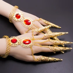 1pc /1 Pair India Belly Dance Bracelet Thai Golden Finger Bracelet Shining Red Crystal Girl's Belly Dance Hand Jewelry Adult Kid