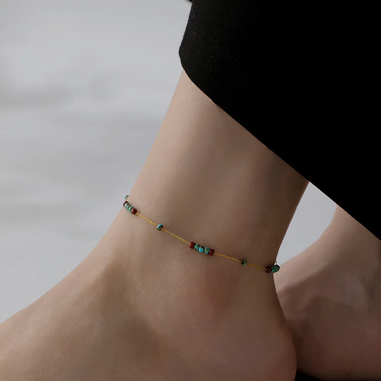 

300pcs/lot Mint Mambo turquoise beaded anklet female niche fashion summer wear design titanium steel new foot chain jewelry