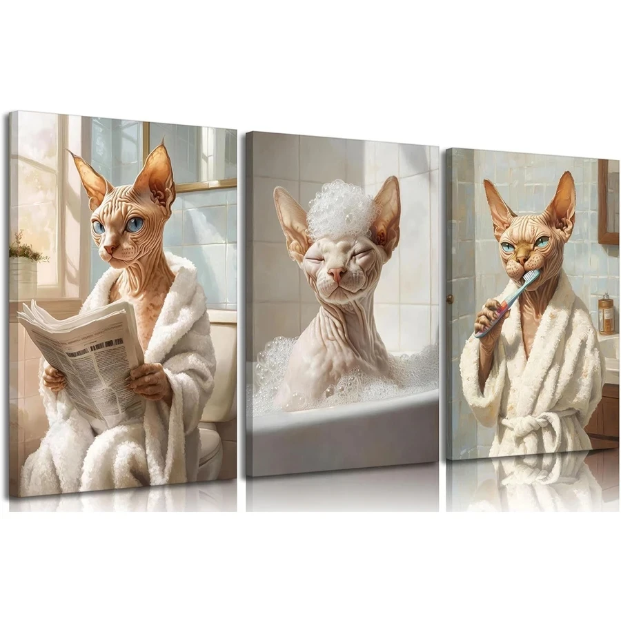 3pcs Funny Bathroom Cat Diamond Embroidery Cross Stitch Full Drill Diamond Painting Sphynx Cat Triptych Mosaic Wall Decor