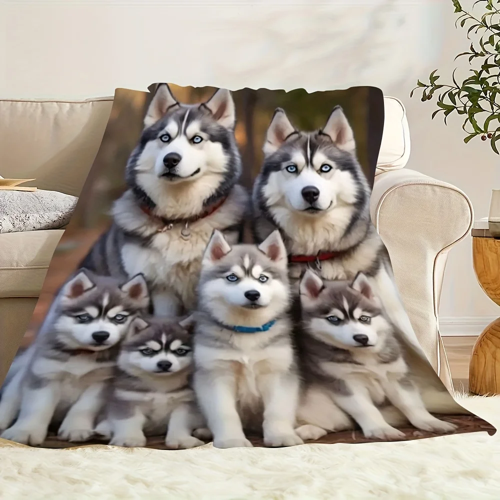 Adorable Husky Puppy Print Flannel Throw Blanket for Pet Lovers Cute Dog Theme Cozy Winter Fleece Decor Gift Blanket for Home