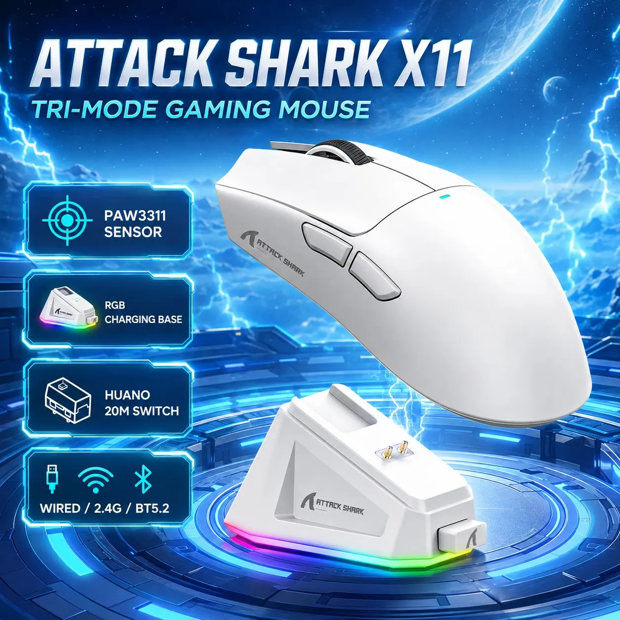 ATTACK SHARK X11 / R1 Mouse, PixArt PAW3311 Sensor, 125-1000Hz Polling Rate, 300mAh Battery Capacity, 400 IPS Tracking Speed