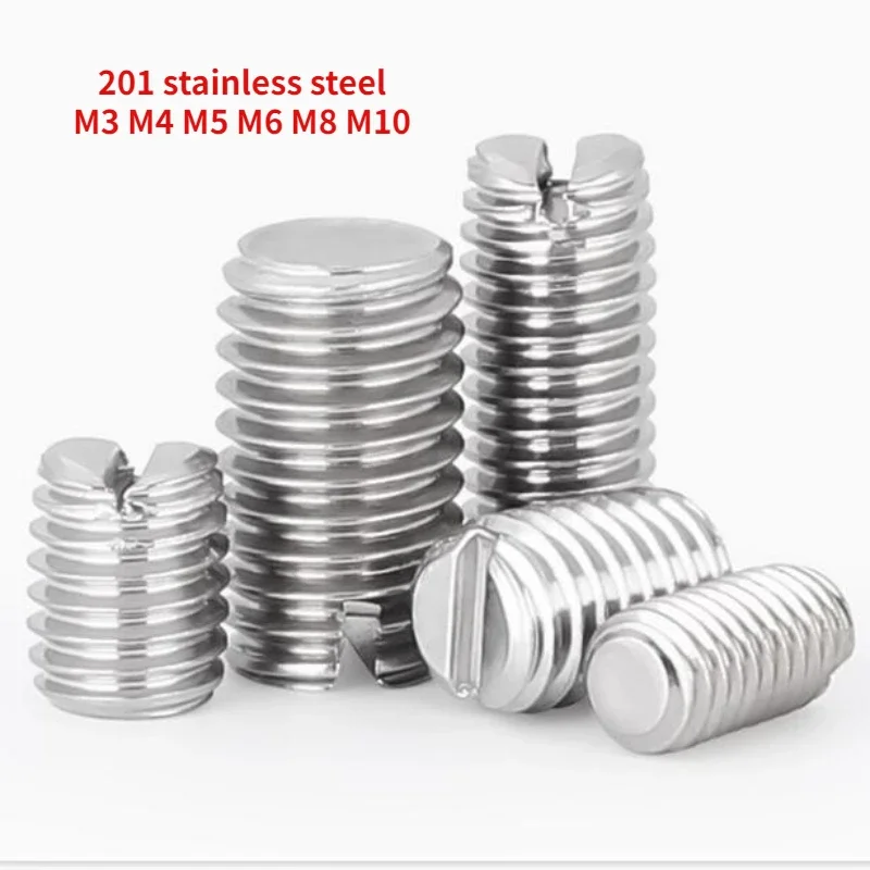 20/100/200pcs  M3 M4 M5 M6 M8 M10 201 Stainless Steel Slotted Head Set Screw Flat Point Set Grub Screw Headless Set Screws